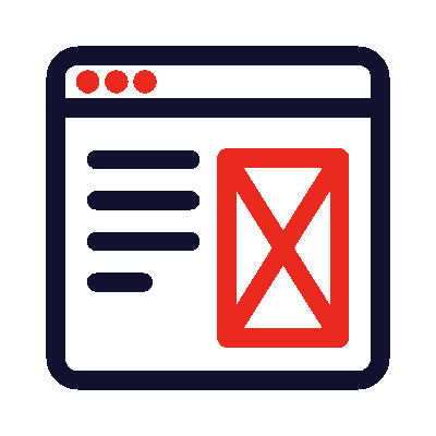 Webseiten-Layout-Skizze Skizze eines Webseiten-Layouts mit Textplatzhaltern und einem großen roten X, das ein Bild oder Element darstellt.