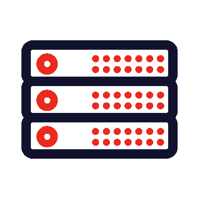 Serversymbol Symbol mit drei gestapelten Servereinheiten, jeweils mit roten Punkten und Kreisen.