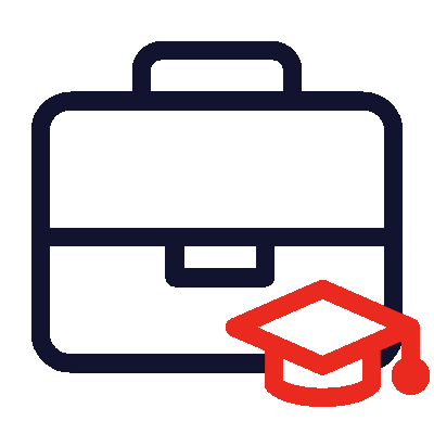 Symbol für berufliche Bildung Symbol eines Aktenkoffers mit einem roten Abschlusshut in der unteren rechten Ecke.