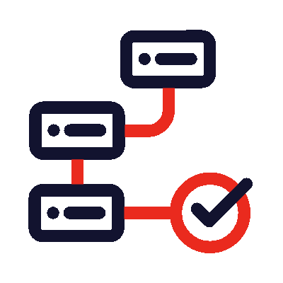 Diagramm mit Verbindungen und Häkchen  Diagramm mit drei verbundenen Kästchen und einem roten Kreis mit einem Häkchen.
