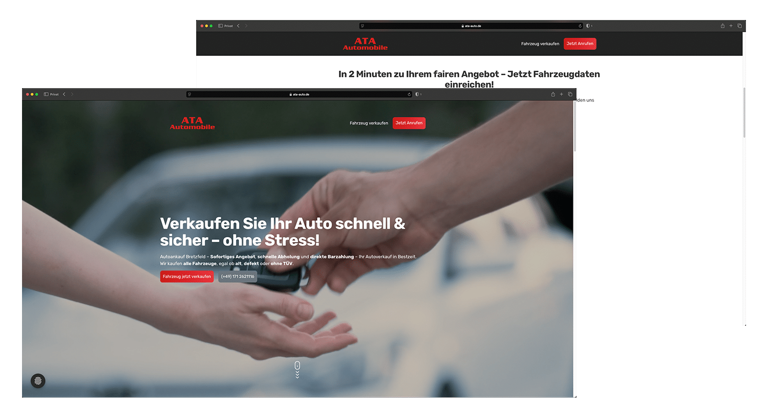 Zwei Screenshots einer Website für einen Autoankauf-Dienst. Im Vordergrund ein Bild, das die Übergabe eines Autoschlüssels zeigt, begleitet vom Text "Verkaufen Sie Ihr Auto schnell & sicher – ohne Stress!". Oben ist das Logo "ATA Automobile" sowie Navigationspunkte wie "Fahrzeug verkaufen" sichtbar.