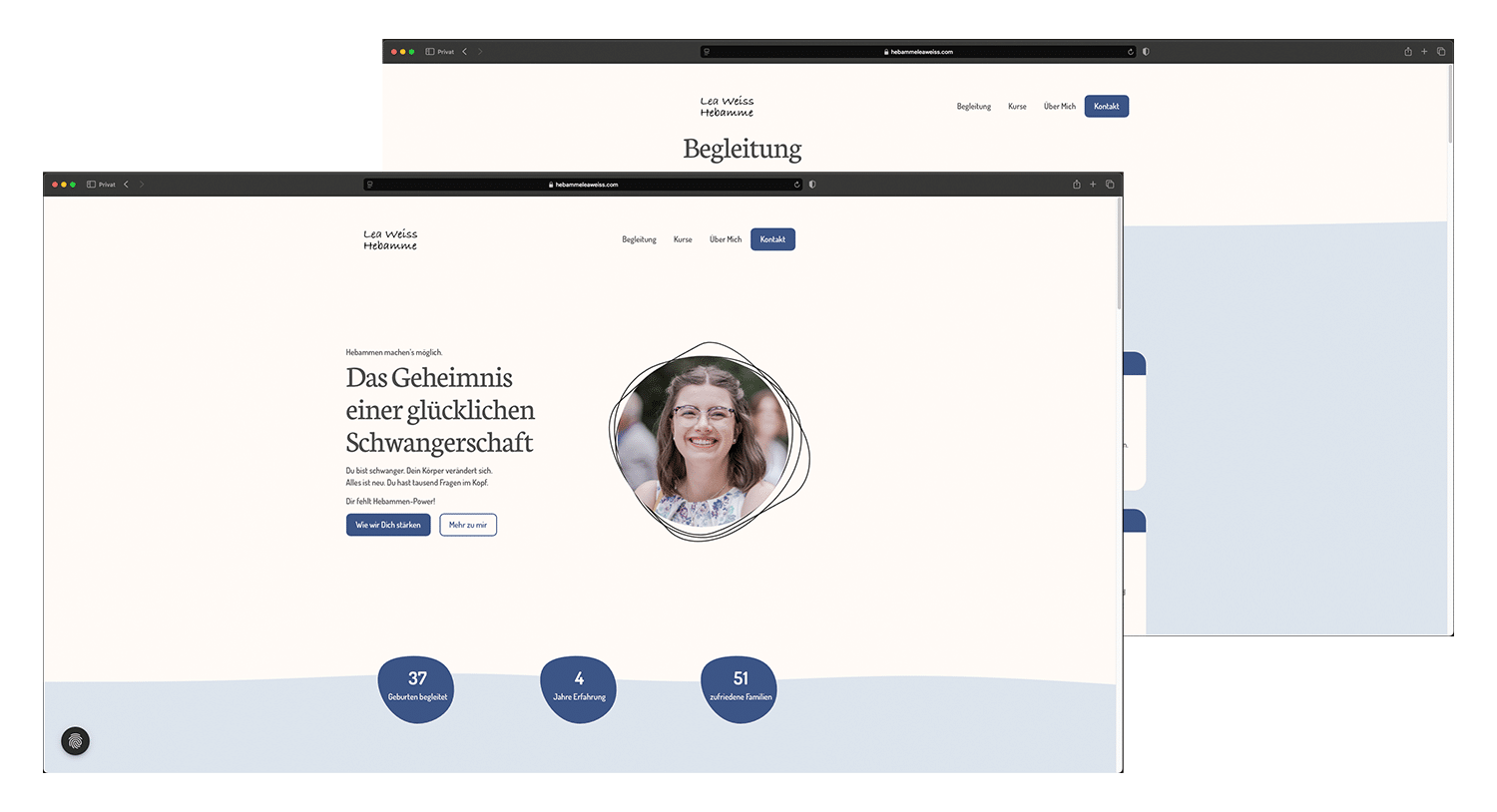 Zwei Screenshots einer überarbeiteten Website für eine Hebamme mit hellem, minimalistischem Design. Der Hauptbereich zeigt ein Porträtfoto einer Frau und den Text „Das Geheimnis einer glücklichen Schwangerschaft“. Navigationsmenü und Buttons sind ebenfalls sichtbar.