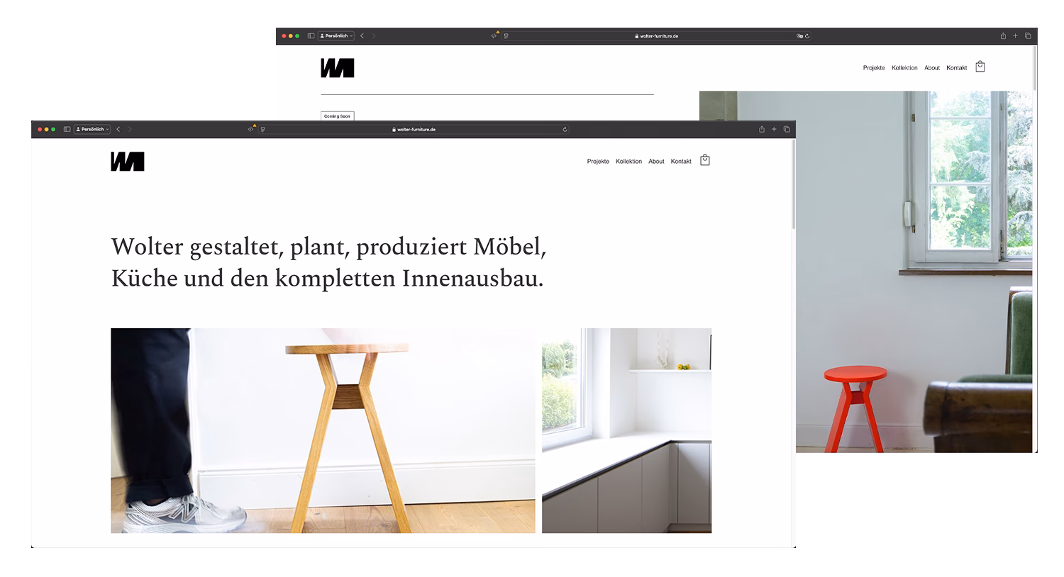 Die Startseite der Website von Wolter Furniture zeigt moderne Möbelstücke, darunter ein Holzhocker und eine minimalistische Küchenecke, begleitet vom Slogan über Möbel- und Innenausbau.